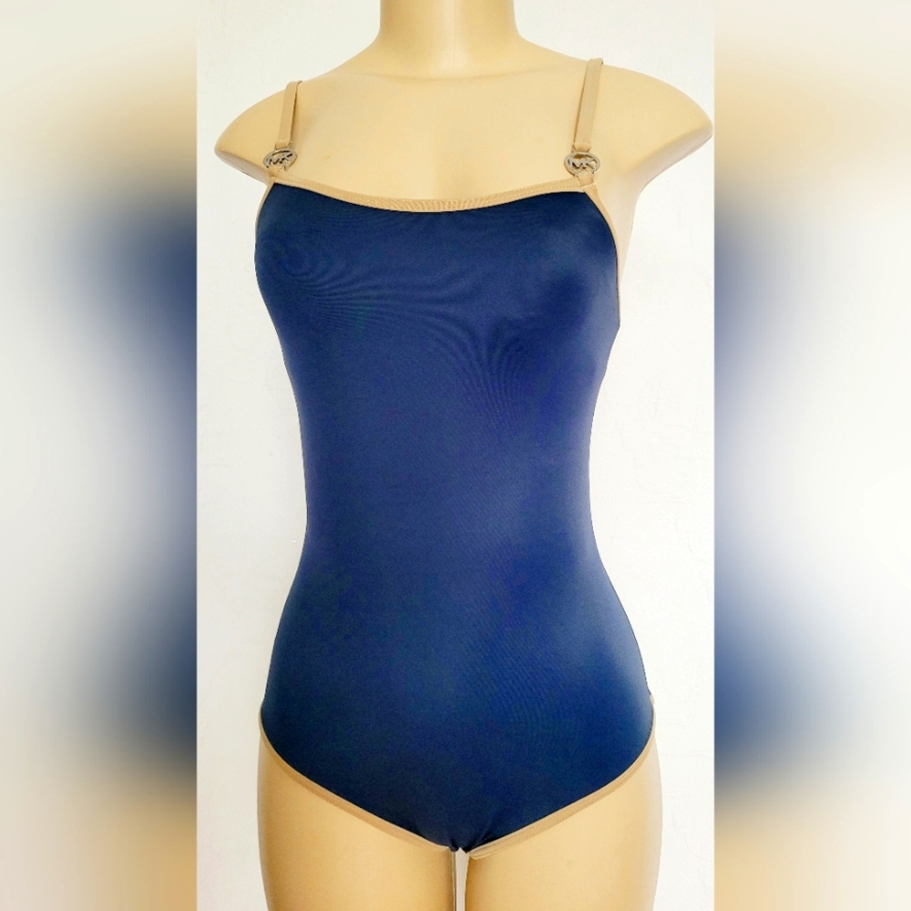 Michael Kors Women's One Piece Swim Suit Full Coverage Navy Blue/Tan 4 Small